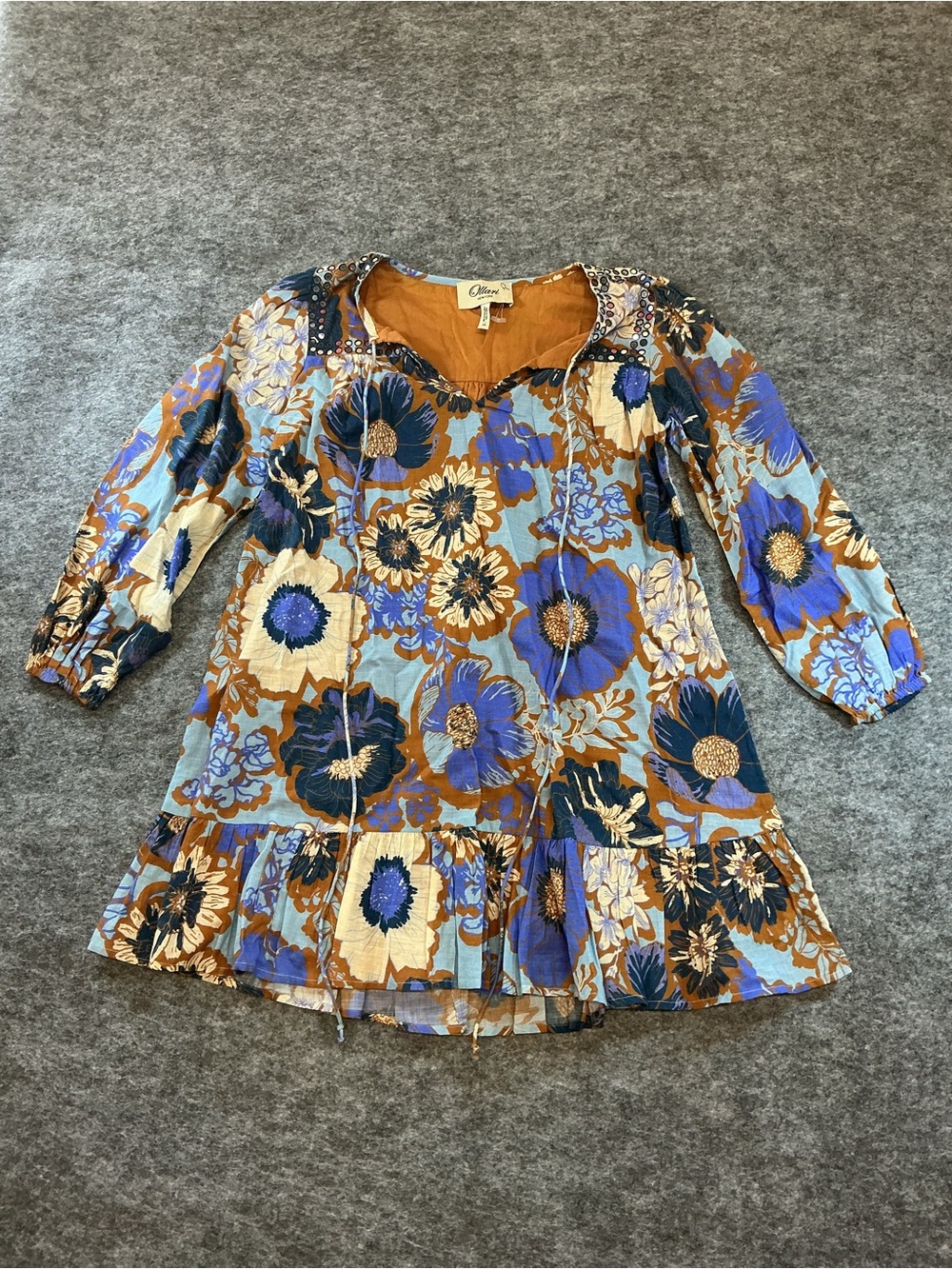 Ollari Blue and Tan Floral Boho Tunic Dress Size XS